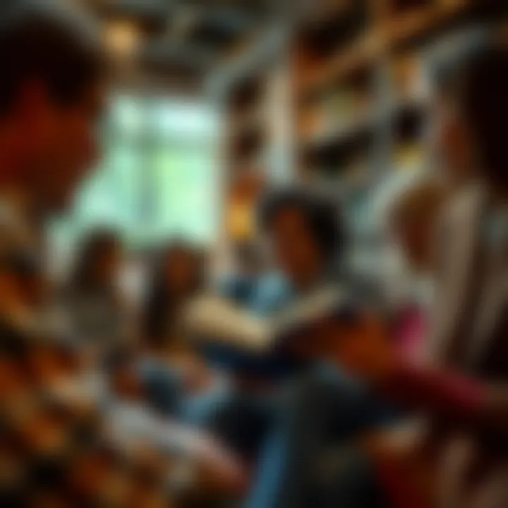 A diverse group of individuals discussing a book in a community setting