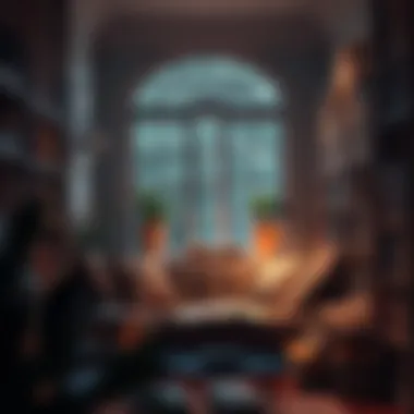 A cozy reading nook with soft lighting and bookshelves