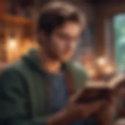 A thoughtful man reading a book in a cozy setting