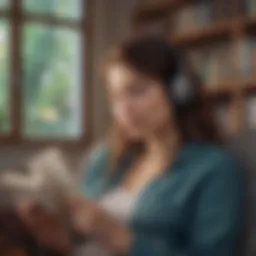 A serene person enjoying an audiobook with headphones in a cozy setting